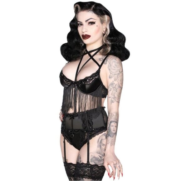 Killstar ✦ She's Poison Bra & Garter Set ✦ Fringe Lace Gothic Lingerie M NWT
